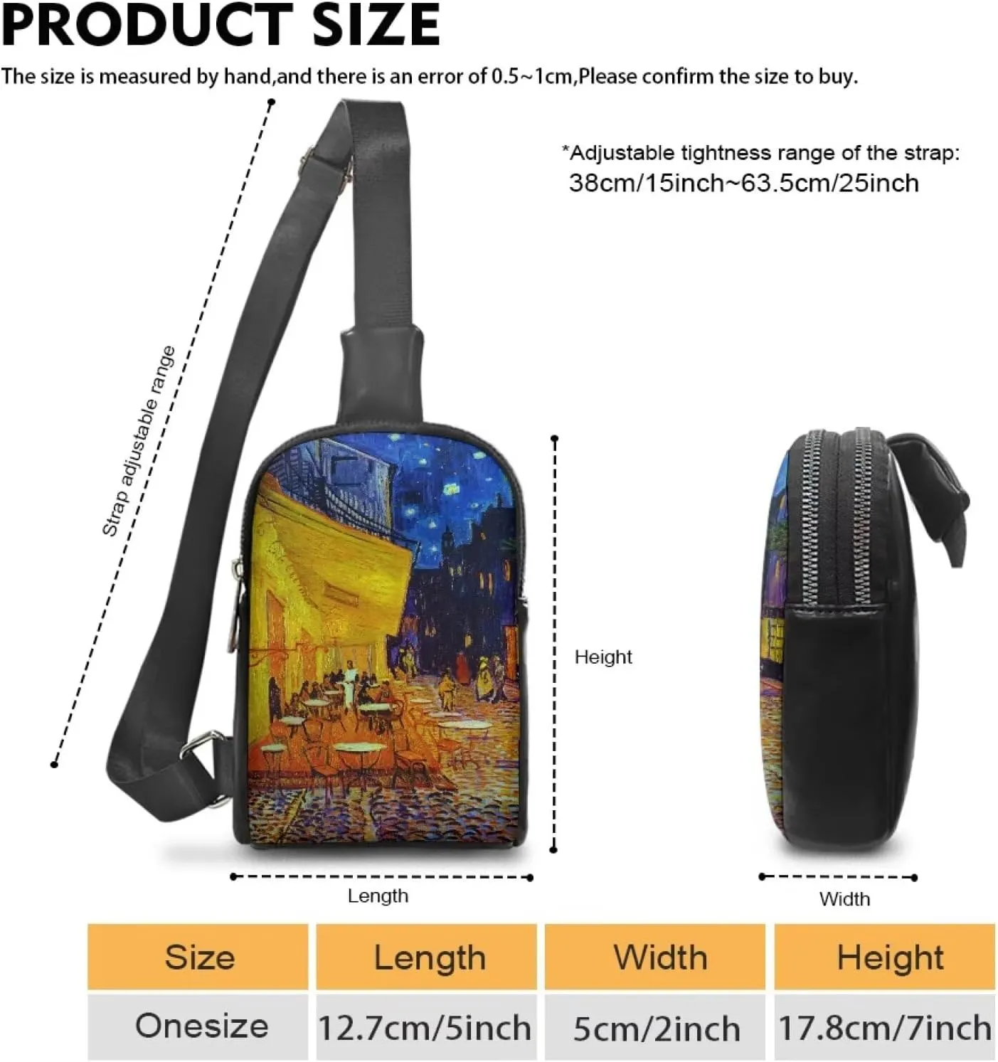 Van Gogh Art Sling Bag Crossbody Bag for Women, Post-Impressionist Art PU Leather Hands-Free Wallets Waist Pack Phone Bag for Travelling, Cafe Terrace at Night