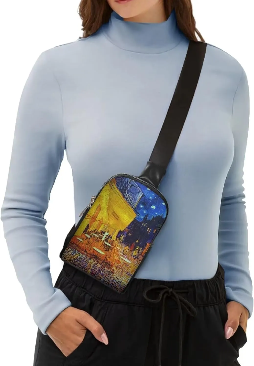 Van Gogh Art Sling Bag Crossbody Bag for Women, Post-Impressionist Art PU Leather Hands-Free Wallets Waist Pack Phone Bag for Travelling, Cafe Terrace at Night