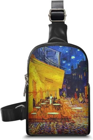 Van Gogh Art Sling Bag Crossbody Bag for Women, Post-Impressionist Art PU Leather Hands-Free Wallets Waist Pack Phone Bag for Travelling, Cafe Terrace at Night
