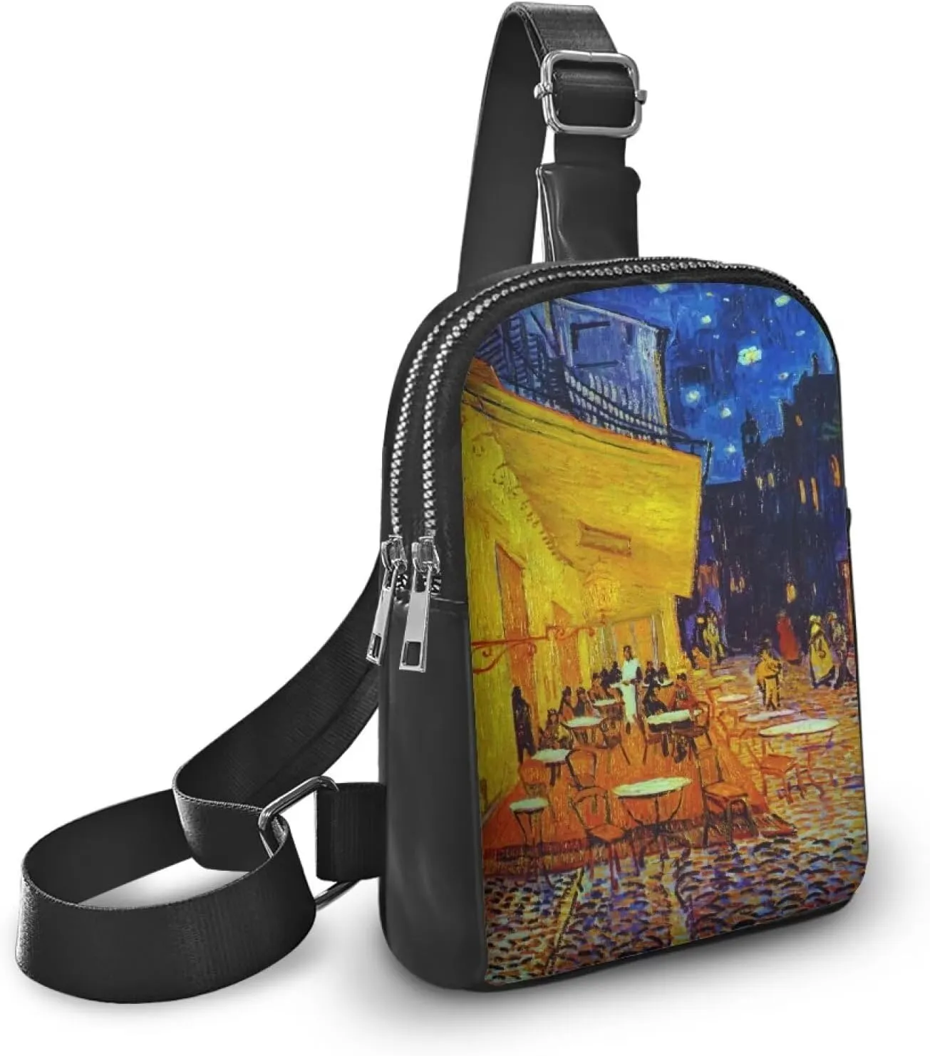Van Gogh Art Sling Bag Crossbody Bag for Women, Post-Impressionist Art PU Leather Hands-Free Wallets Waist Pack Phone Bag for Travelling, Cafe Terrace at Night