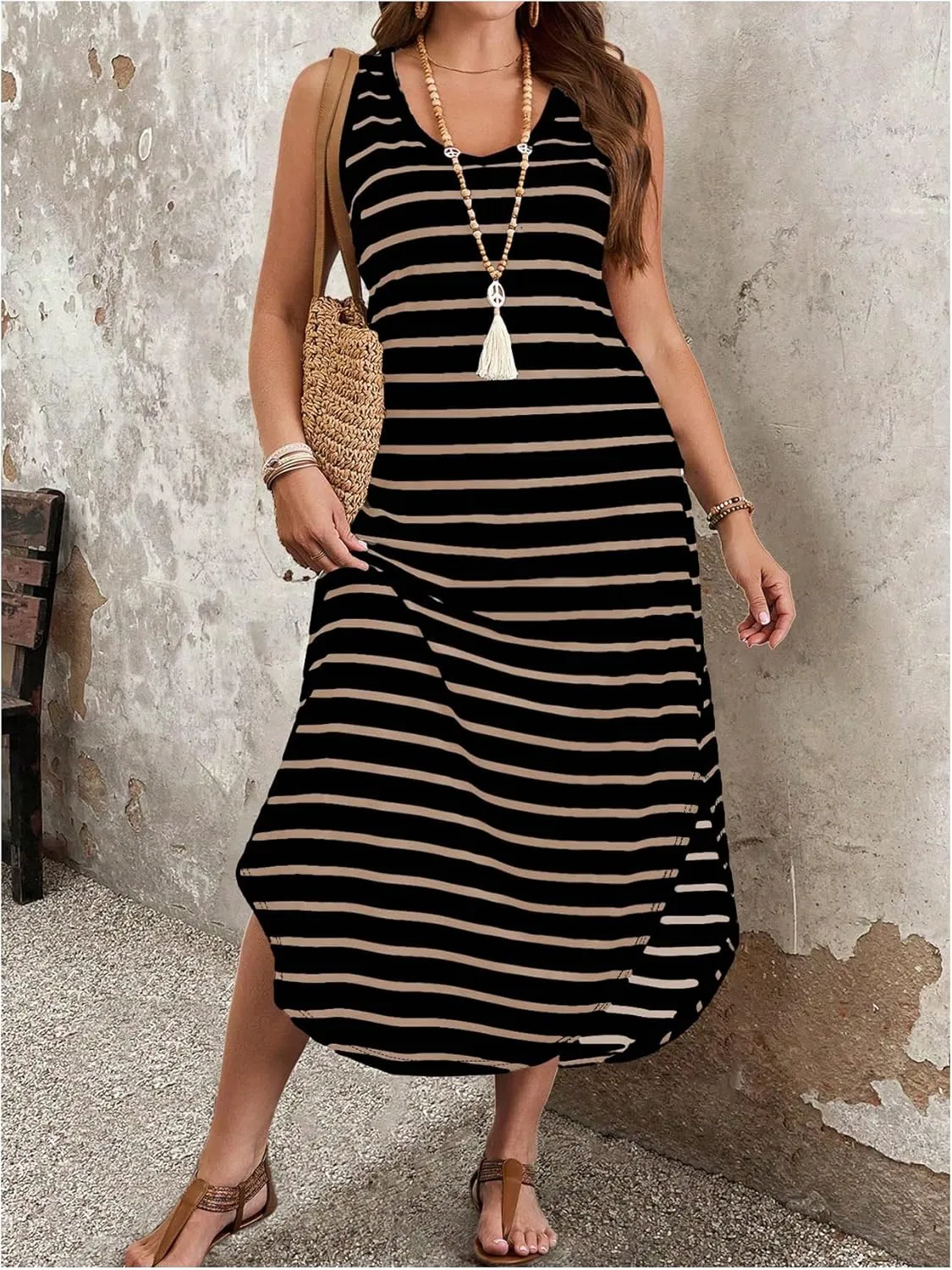 Verdusa Plus Size Summer Maxi Dresses for Women 2025 Striped Printed V Neck Slit Beach Long Dresses