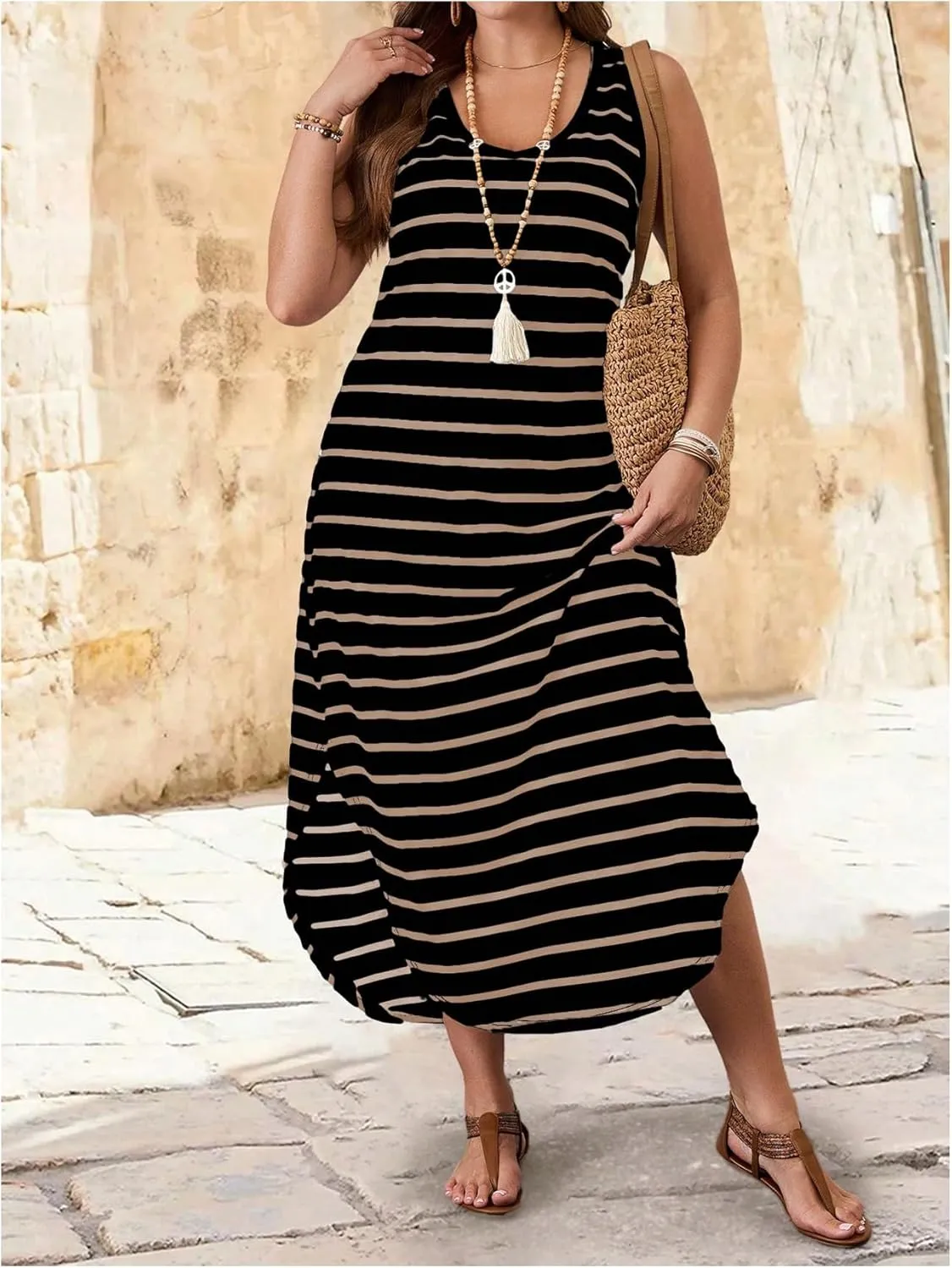 Verdusa Plus Size Summer Maxi Dresses for Women 2025 Striped Printed V Neck Slit Beach Long Dresses