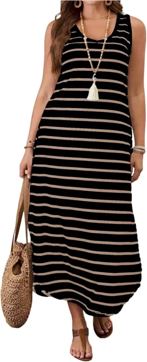 Verdusa Plus Size Summer Maxi Dresses for Women 2025 Striped Printed V Neck Slit Beach Long Dresses