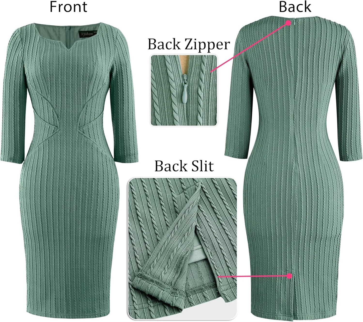VFSHOW Womens Notch V Neck Office Business Work Slim Fit Sheath Pencil Dress