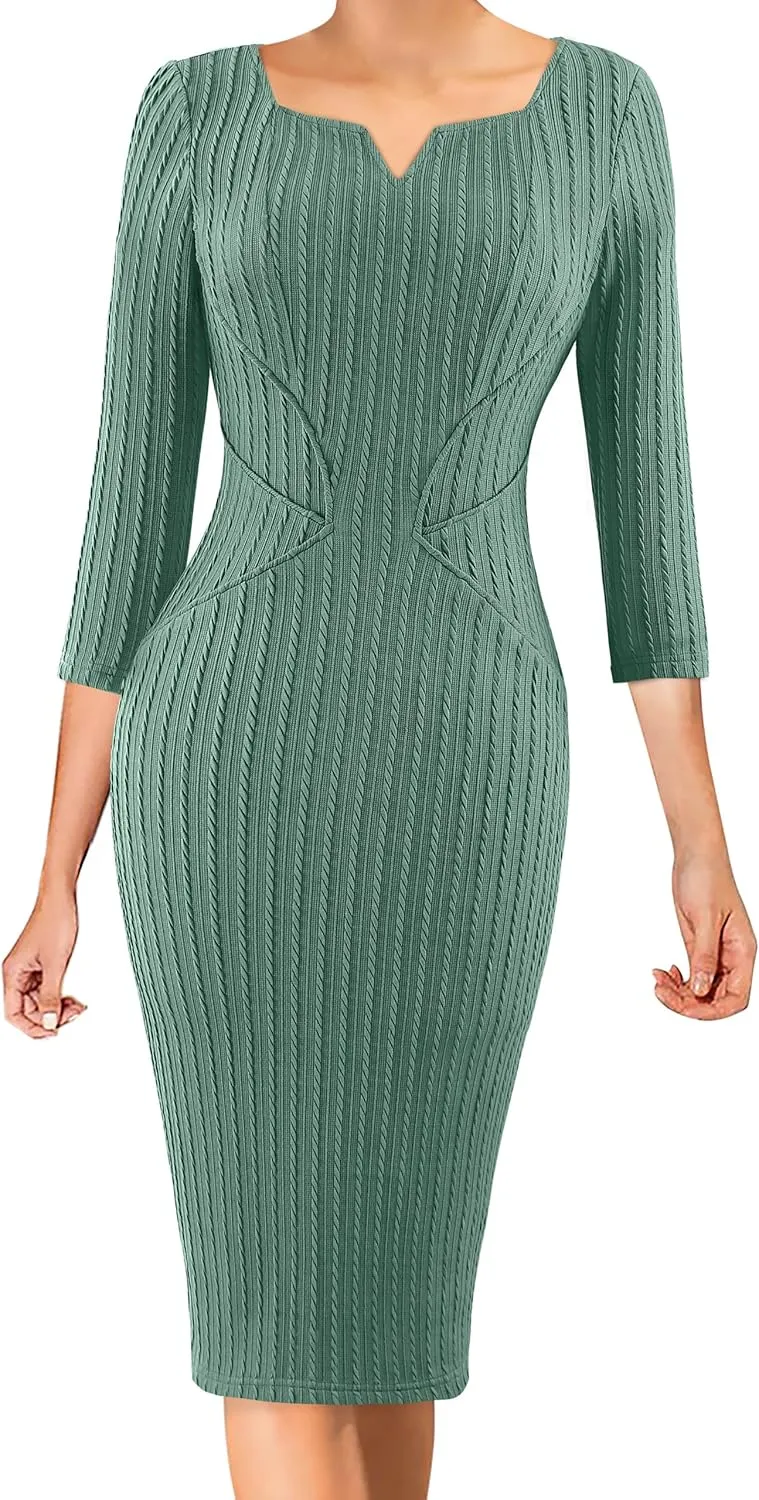 VFSHOW Womens Notch V Neck Office Business Work Slim Fit Sheath Pencil Dress