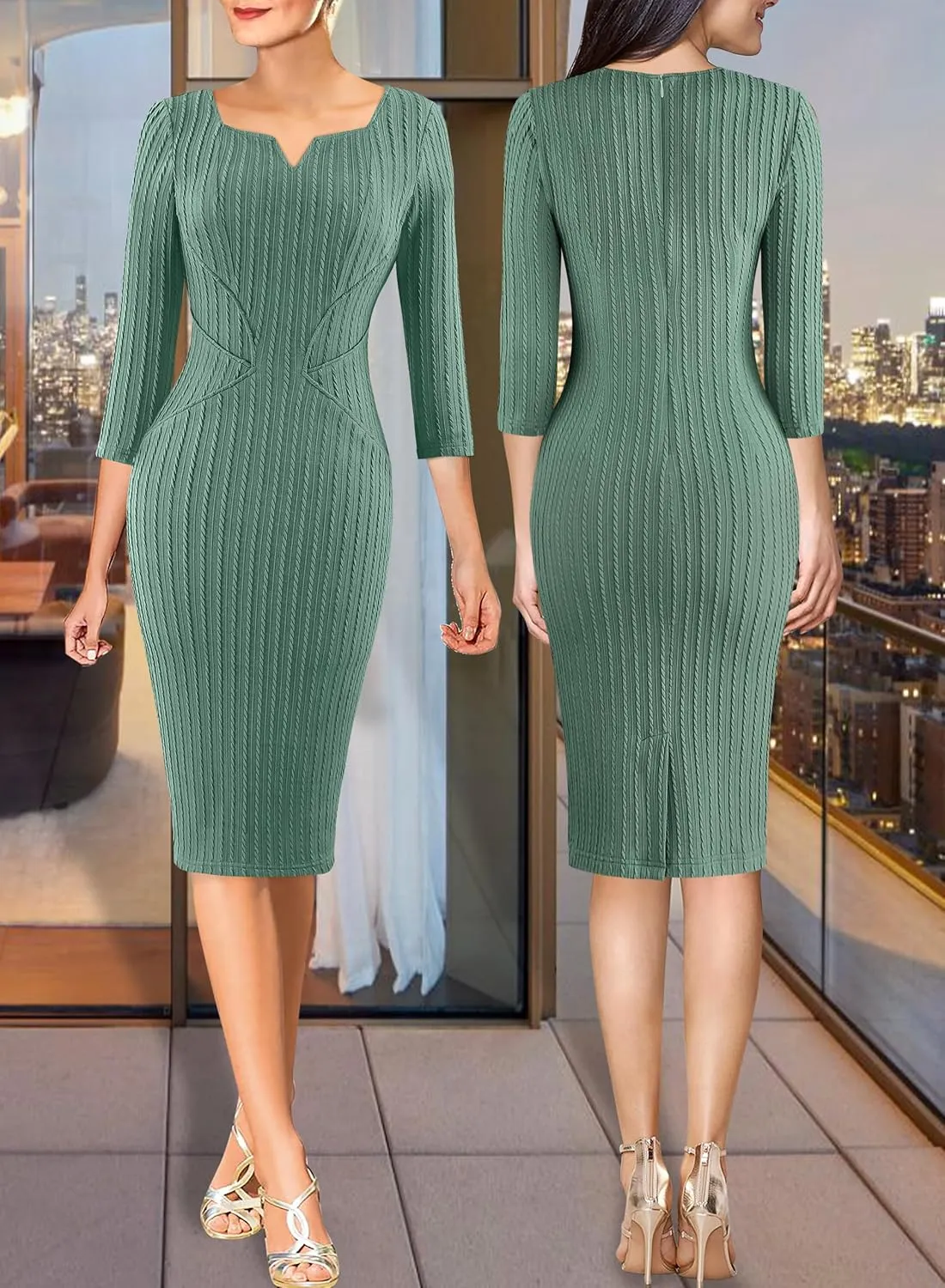 VFSHOW Womens Notch V Neck Office Business Work Slim Fit Sheath Pencil Dress