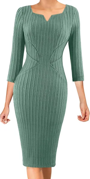 VFSHOW Womens Notch V Neck Office Business Work Slim Fit Sheath Pencil Dress