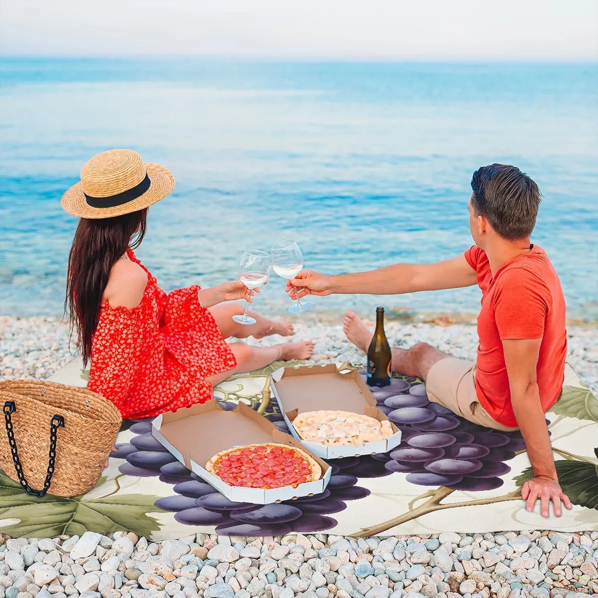 Vineyard Beach Blanket, Sandproof Beach Mat, 68 x 59 Waterproof Quick Drying Sand Free Mat with 4 x Ground Spikes for Outdoor Travel Camping Hiking, Fruits