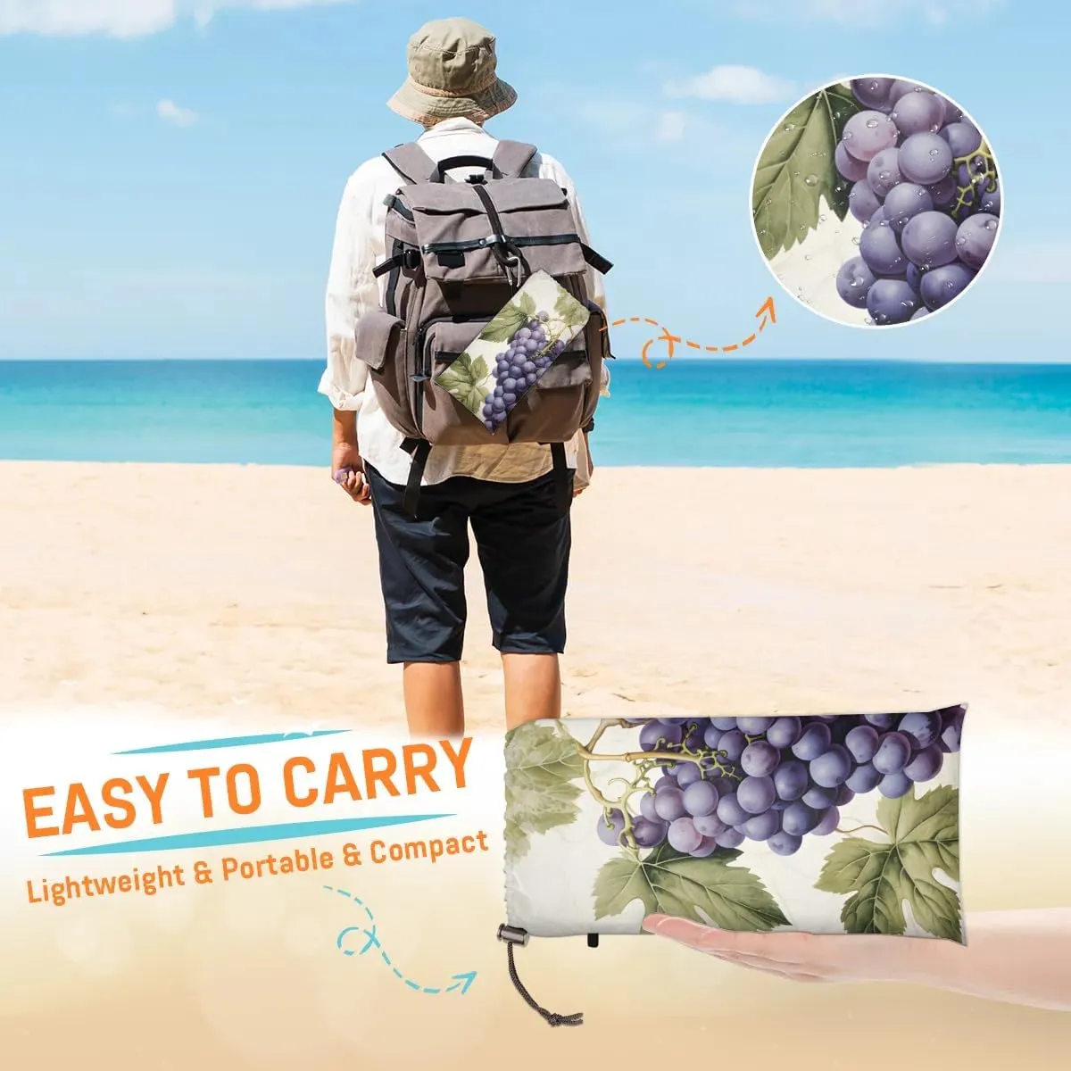 Vineyard Beach Blanket, Sandproof Beach Mat, 68 x 59 Waterproof Quick Drying Sand Free Mat with 4 x Ground Spikes for Outdoor Travel Camping Hiking, Fruits