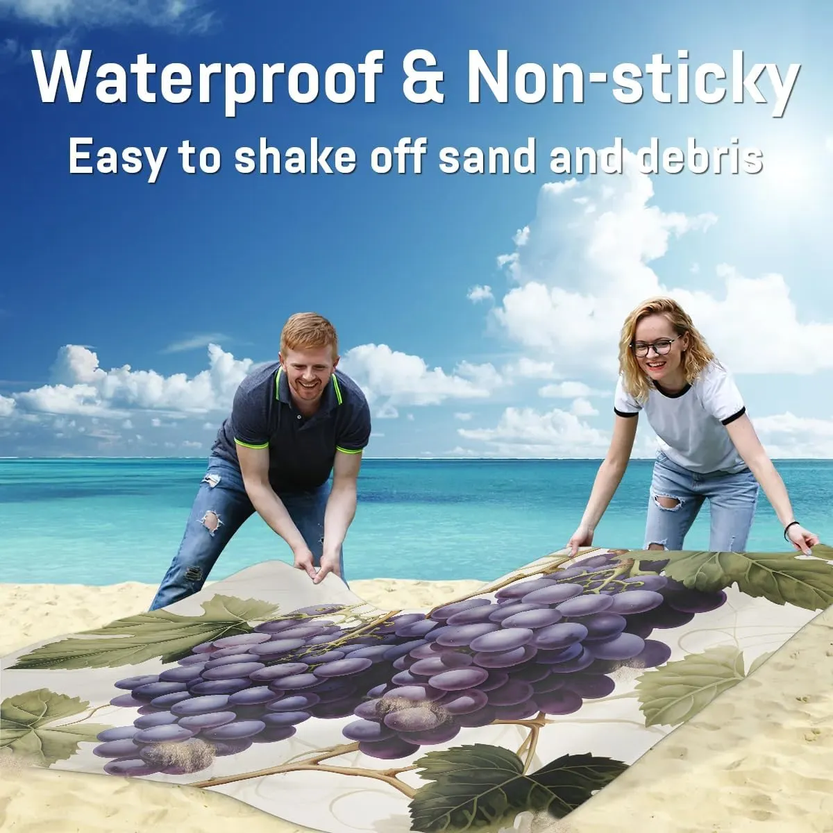 Vineyard Beach Blanket, Sandproof Beach Mat, 68 x 59 Waterproof Quick Drying Sand Free Mat with 4 x Ground Spikes for Outdoor Travel Camping Hiking, Fruits