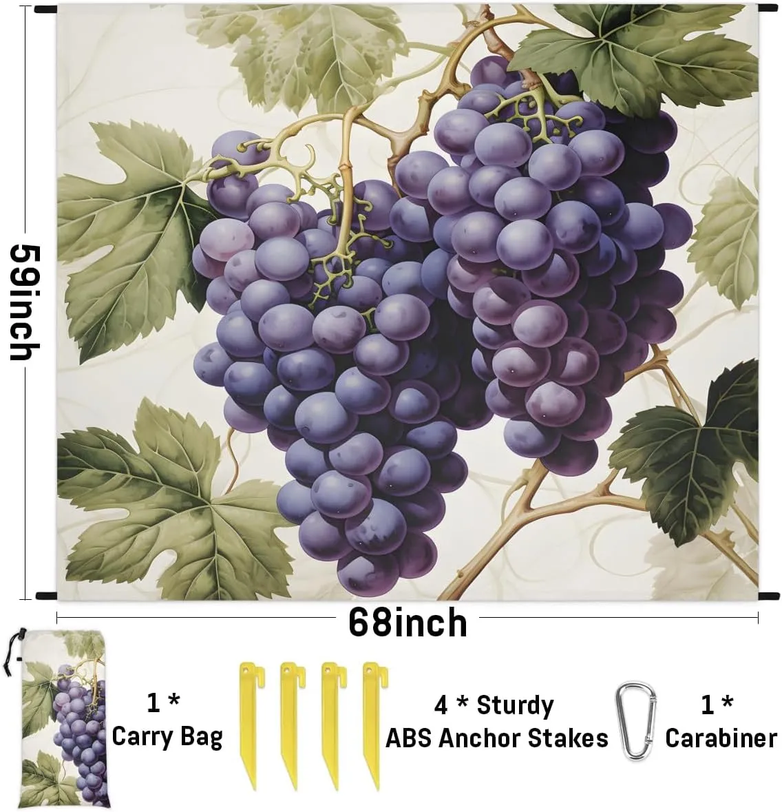 Vineyard Beach Blanket, Sandproof Beach Mat, 68 x 59 Waterproof Quick Drying Sand Free Mat with 4 x Ground Spikes for Outdoor Travel Camping Hiking, Fruits