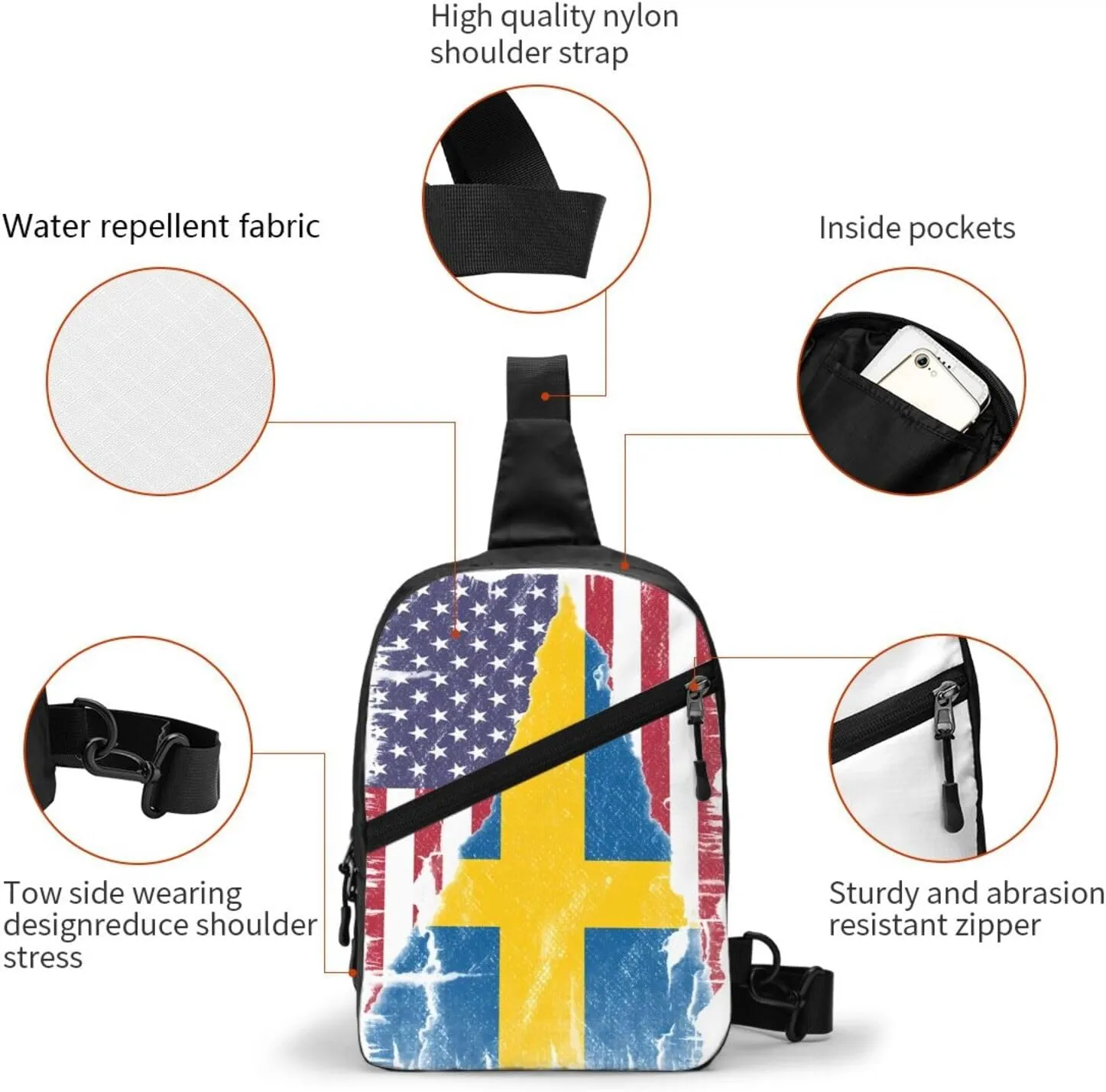 Vintage American Swedish Sweden Flag Crossbody Bag Portable Sling Bags Foldable Chest Daypack Reusable Sports Shoulder Backpack Diagonally Casual Rucksack Travel Bag