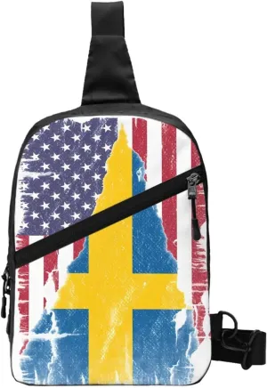 Vintage American Swedish Sweden Flag Crossbody Bag Portable Sling Bags Foldable Chest Daypack Reusable Sports Shoulder Backpack Diagonally Casual Rucksack Travel Bag