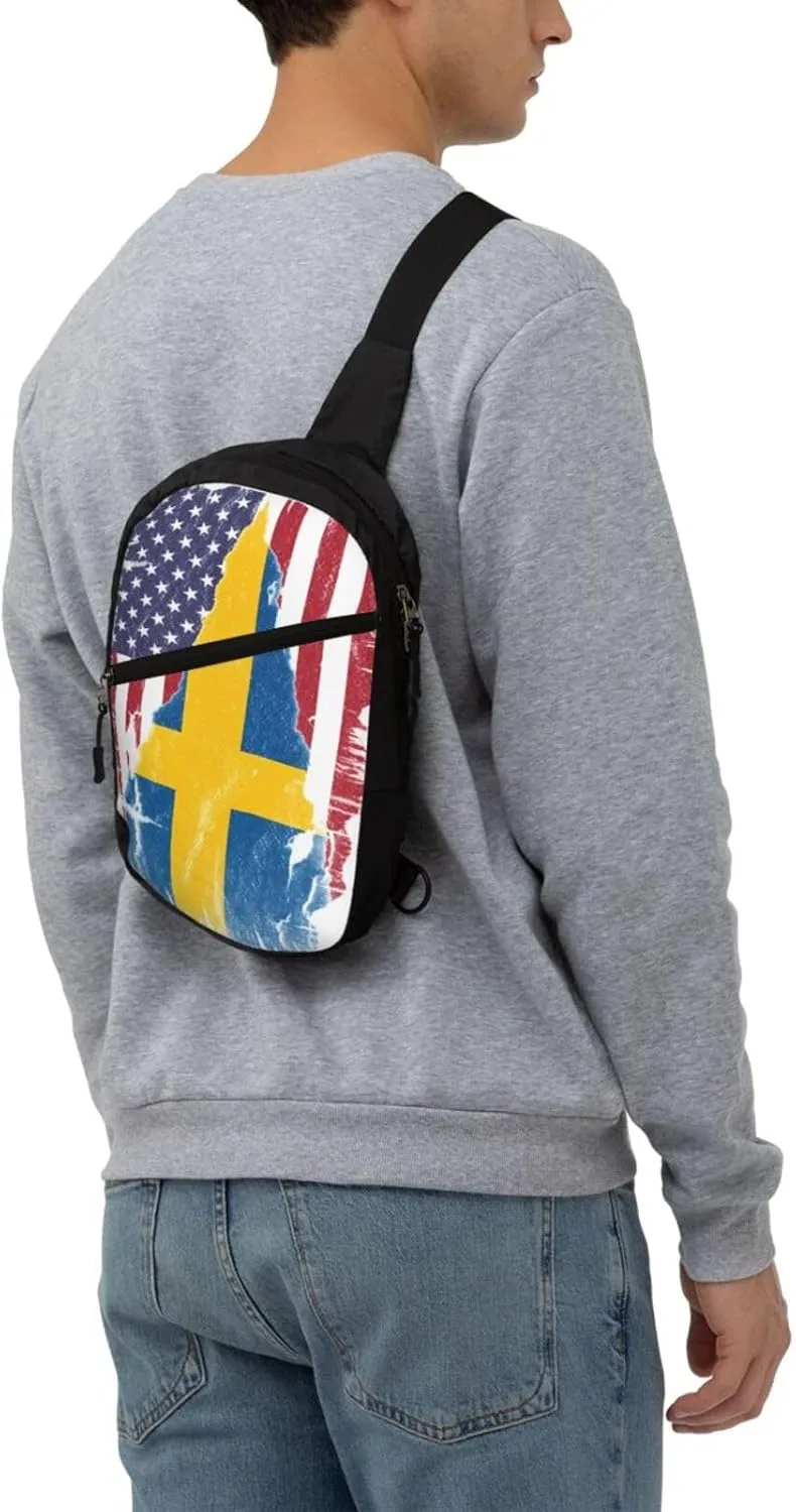 Vintage American Swedish Sweden Flag Crossbody Bag Portable Sling Bags Foldable Chest Daypack Reusable Sports Shoulder Backpack Diagonally Casual Rucksack Travel Bag