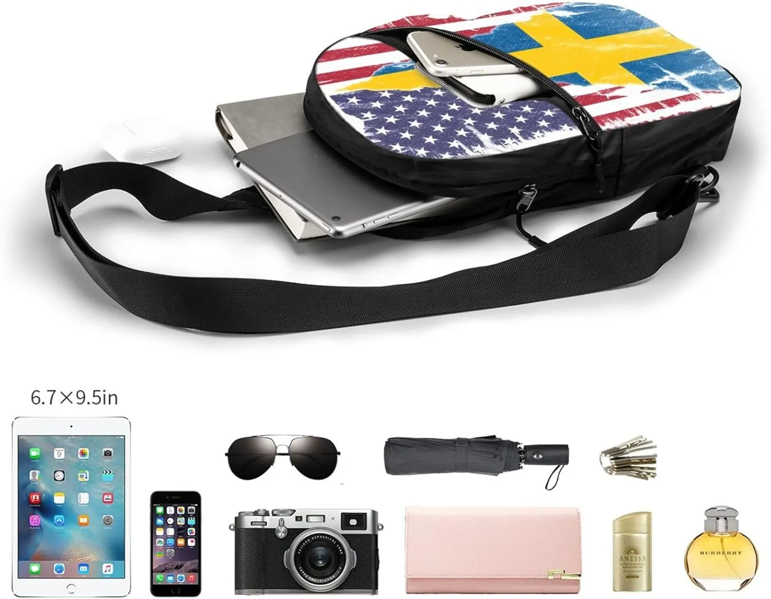 Vintage American Swedish Sweden Flag Crossbody Bag Portable Sling Bags Foldable Chest Daypack Reusable Sports Shoulder Backpack Diagonally Casual Rucksack Travel Bag