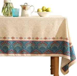 Vintage Beige Linen Tablecloth for Rectangle Tables,Indian Peacock Feather Printed Pattern Table Cloth,Decor Table Cover for Kitchen,Dining,Tea Party,Home,Christmas,63"*94"