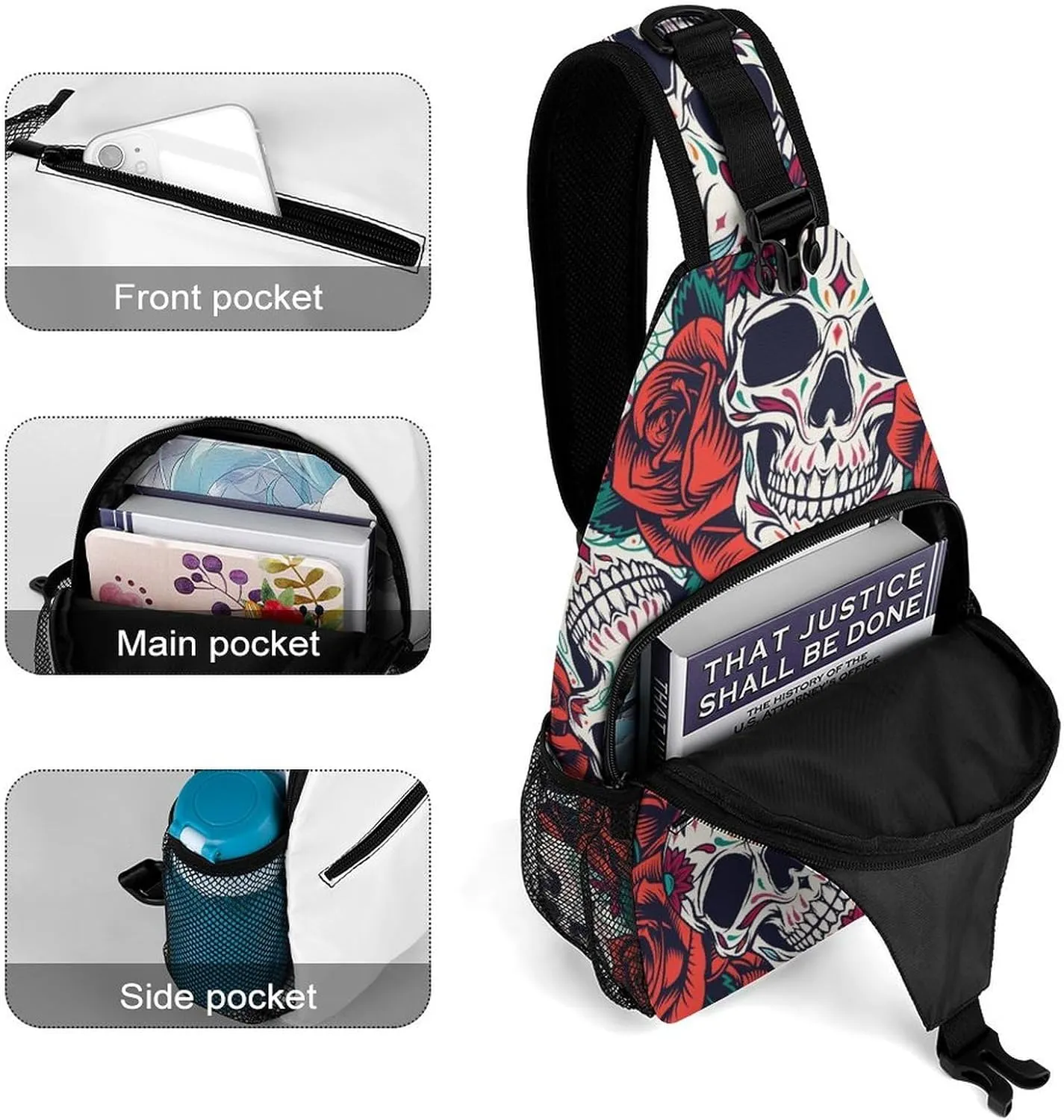 Vintage-day-dead-pattern Crossbody Sling Backpack, Shoulder Bag Chest Bag for Travel Sport Running, 38x20cm, Style