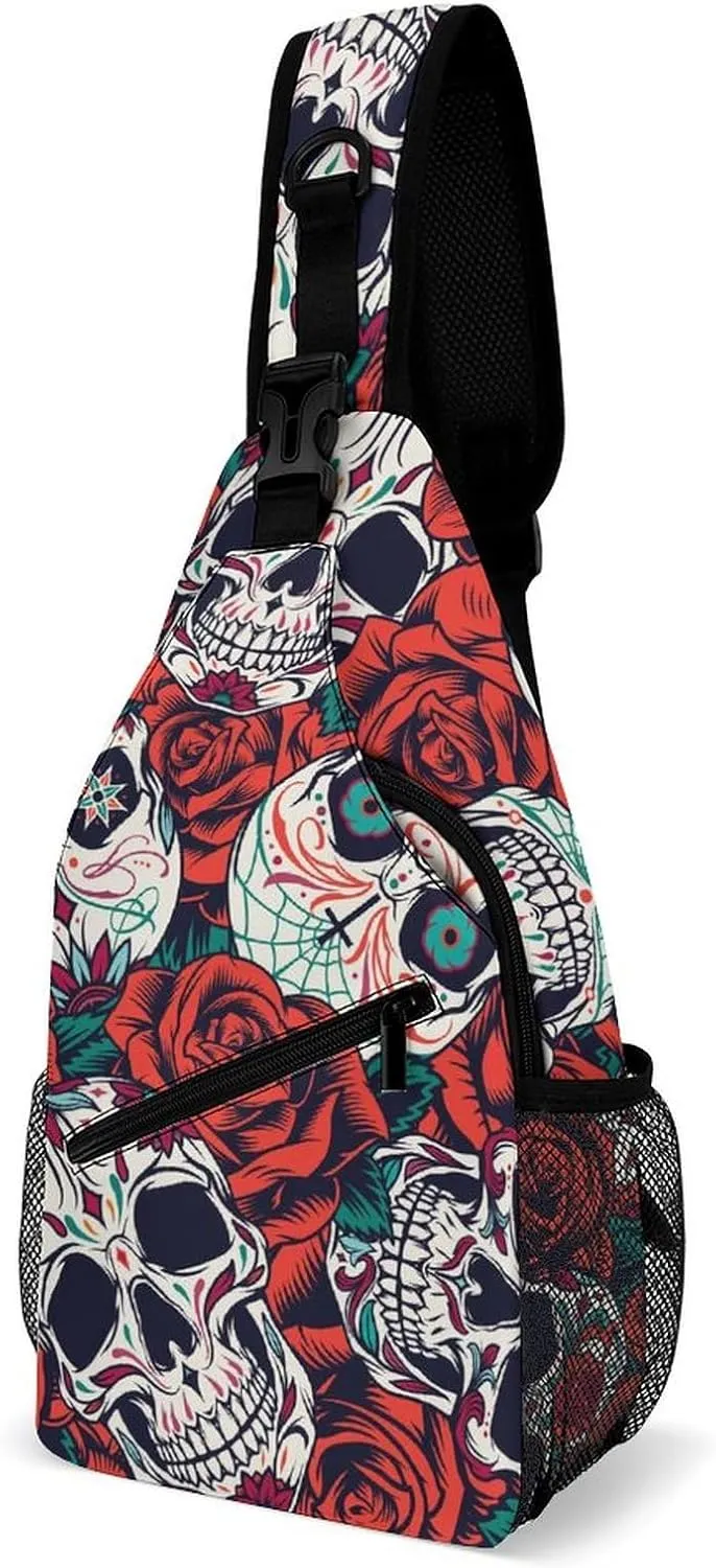 Vintage-day-dead-pattern Crossbody Sling Backpack, Shoulder Bag Chest Bag for Travel Sport Running, 38x20cm, Style