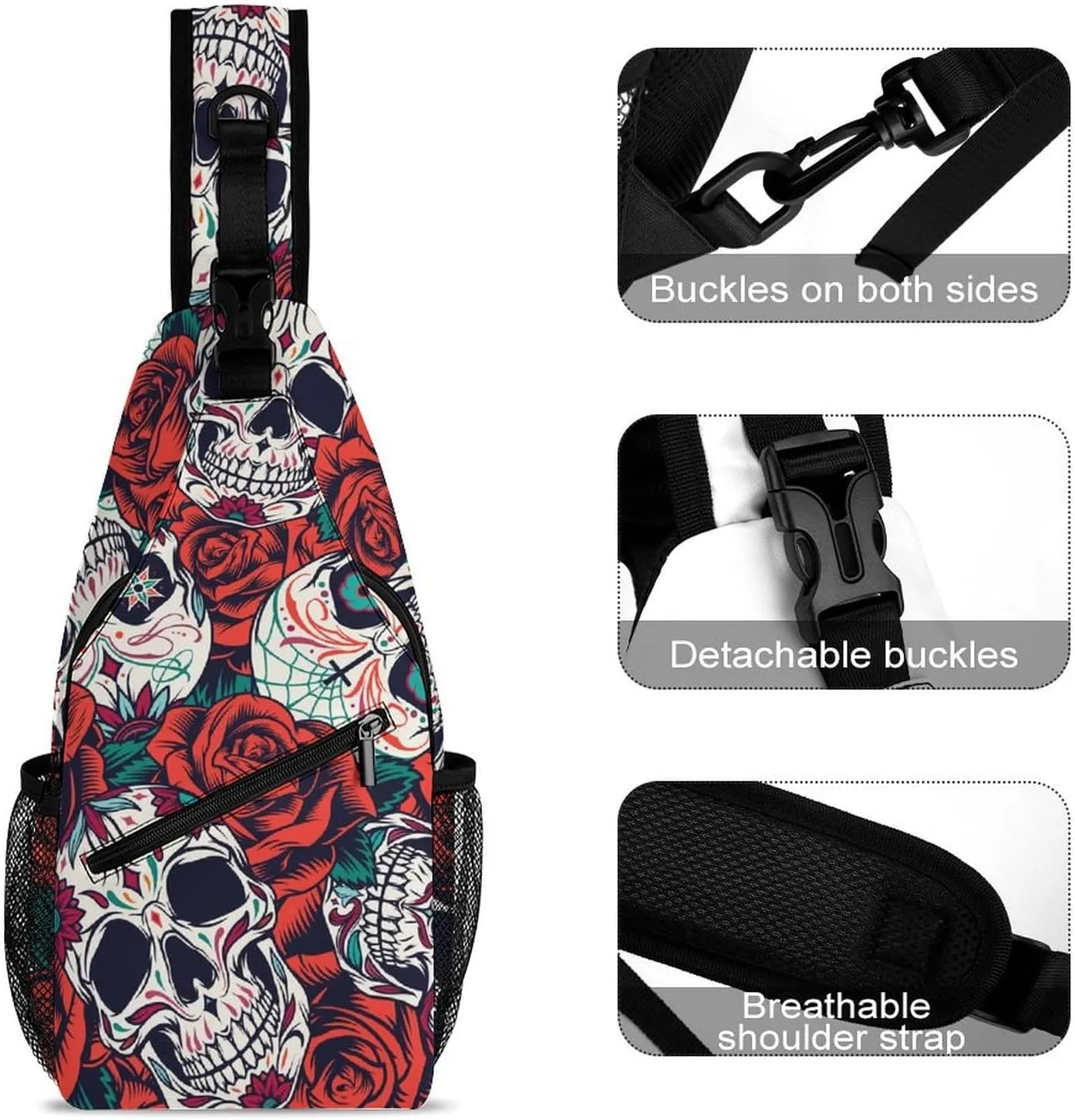 Vintage-day-dead-pattern Crossbody Sling Backpack, Shoulder Bag Chest Bag for Travel Sport Running, 38x20cm, Style
