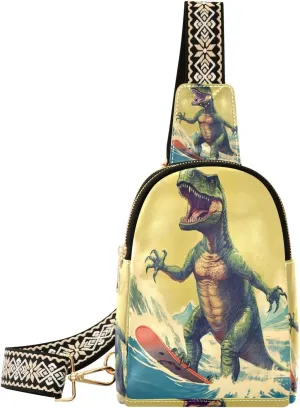 Vintage Dinosaur Surfing Small Sling Bag for Women Pu Leather Crossbody Bag Casual Chest Bag with Adjustable Shoulder for Travel Shopping