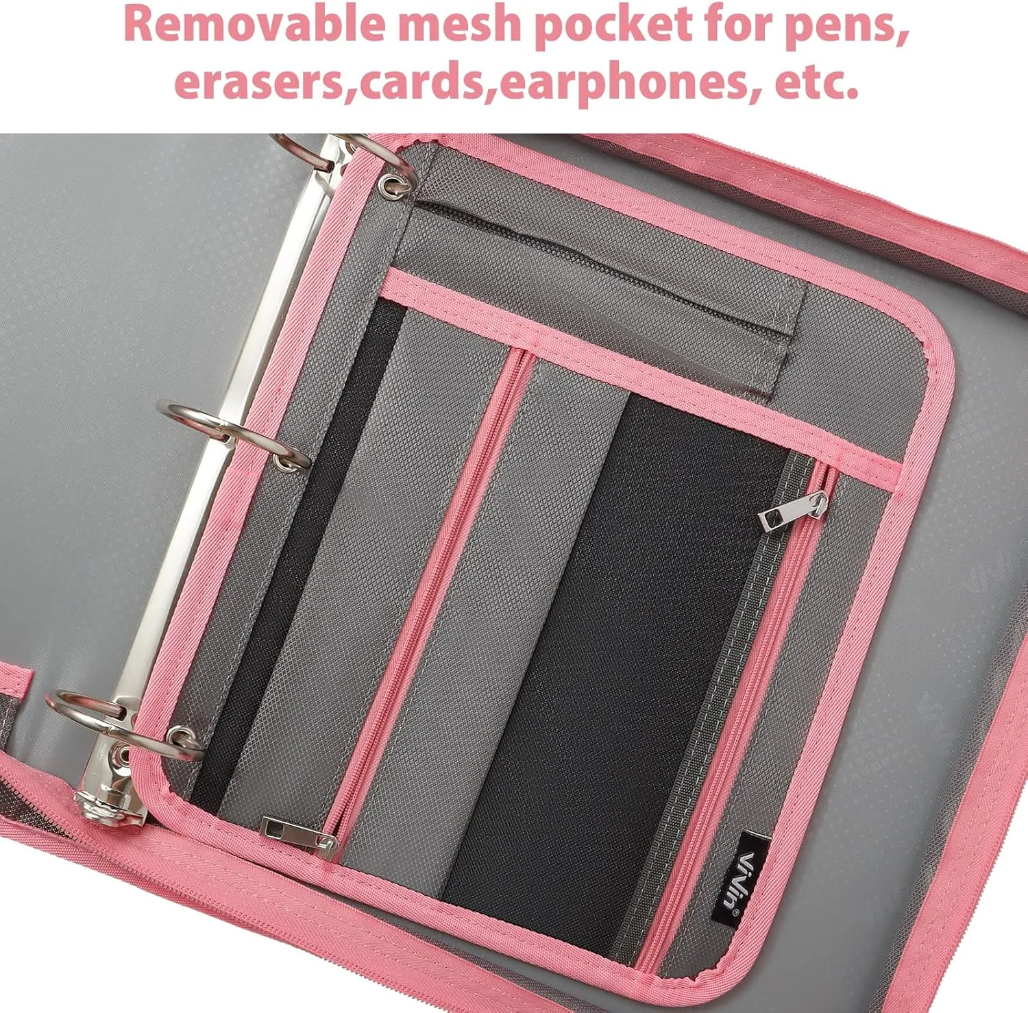 ViVin Zipper Binder 2 Inch O-Ring, 450 Sheet Capacity, 5-Tab Expanding Pockets and Multiple Zip Pockets, Handle ＆Shoulder Strap Included, School Office Supplies, 2-Pack（A5131,Black/Blue ＆Grey/Pink）