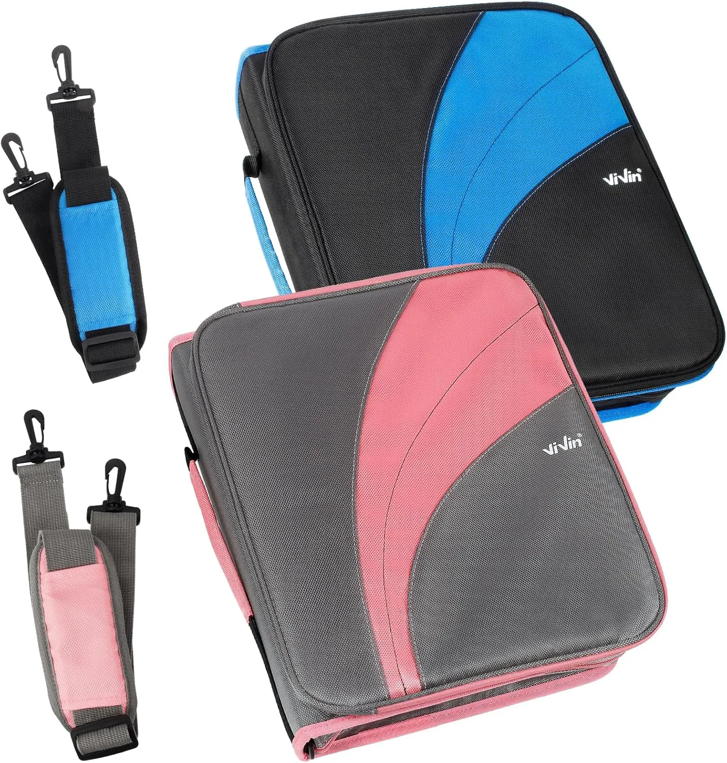 ViVin Zipper Binder 2 Inch O-Ring, 450 Sheet Capacity, 5-Tab Expanding Pockets and Multiple Zip Pockets, Handle ＆Shoulder Strap Included, School Office Supplies, 2-Pack（A5131,Black/Blue ＆Grey/Pink）