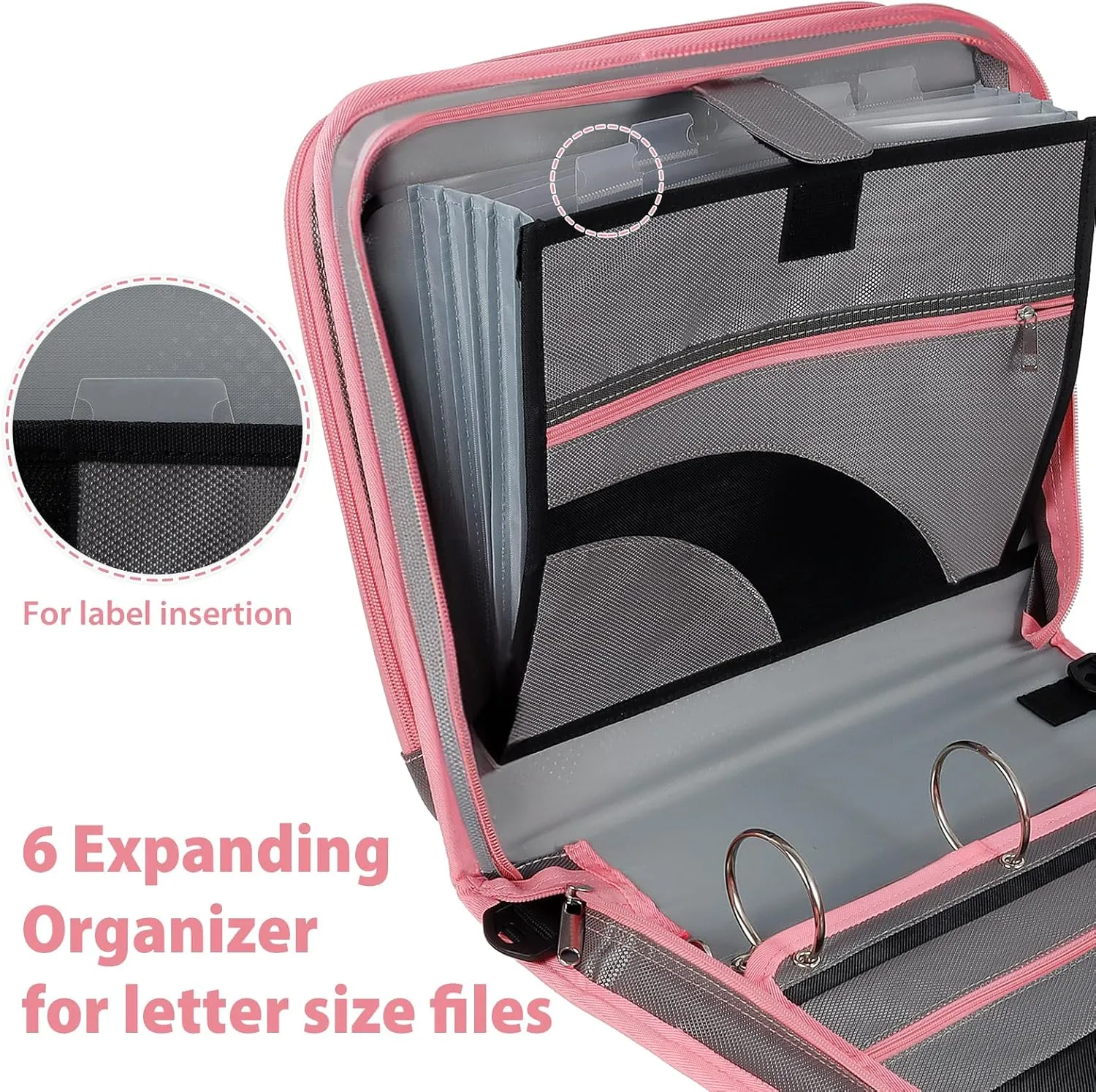 ViVin Zipper Binder 2 Inch O-Ring, 450 Sheet Capacity, 5-Tab Expanding Pockets and Multiple Zip Pockets, Handle ＆Shoulder Strap Included, School Office Supplies, 2-Pack（A5131,Black/Blue ＆Grey/Pink）