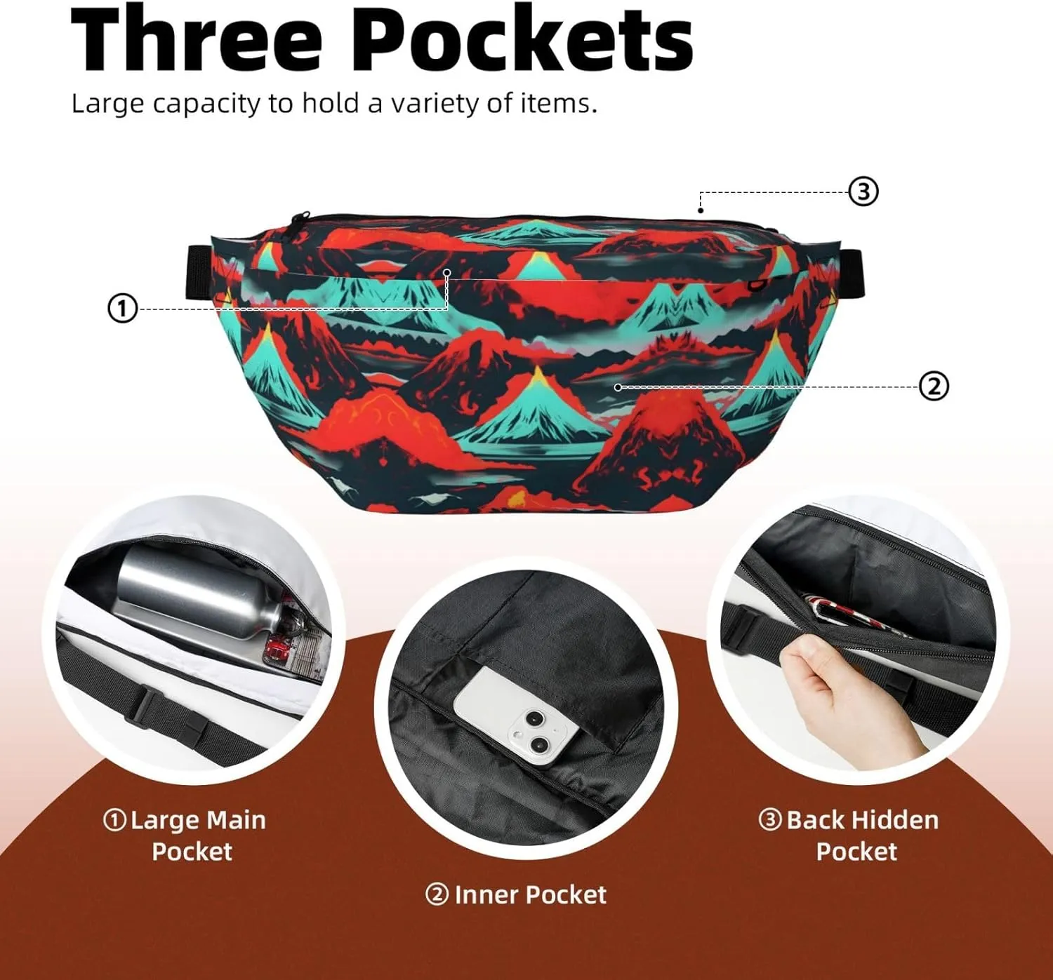 Volcano Bloom Fanny Pack Crossbody Sling Bag â€“ Zipper Pockets for Travel, Hiking, Cycling, Workouts, and Everyday Use