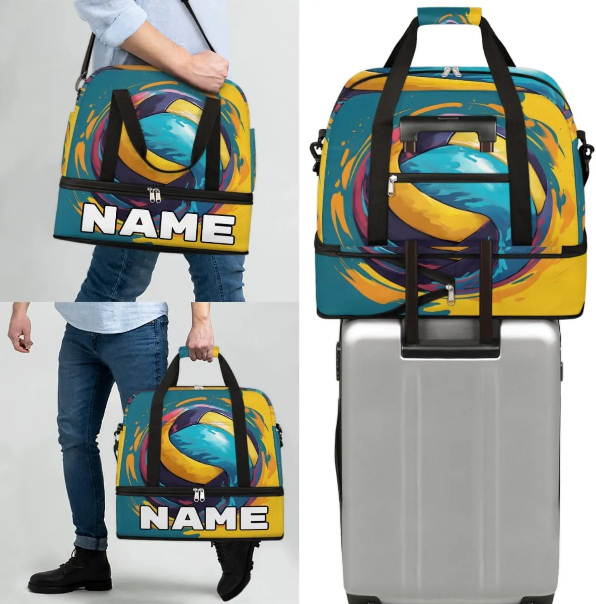 Volleyball Ball Custom Foldable Duffle Bag with Shoes Compartment Personalized Large Capacity Waterproof Travel Weekender Bag Overnight Bag for Sports Gym