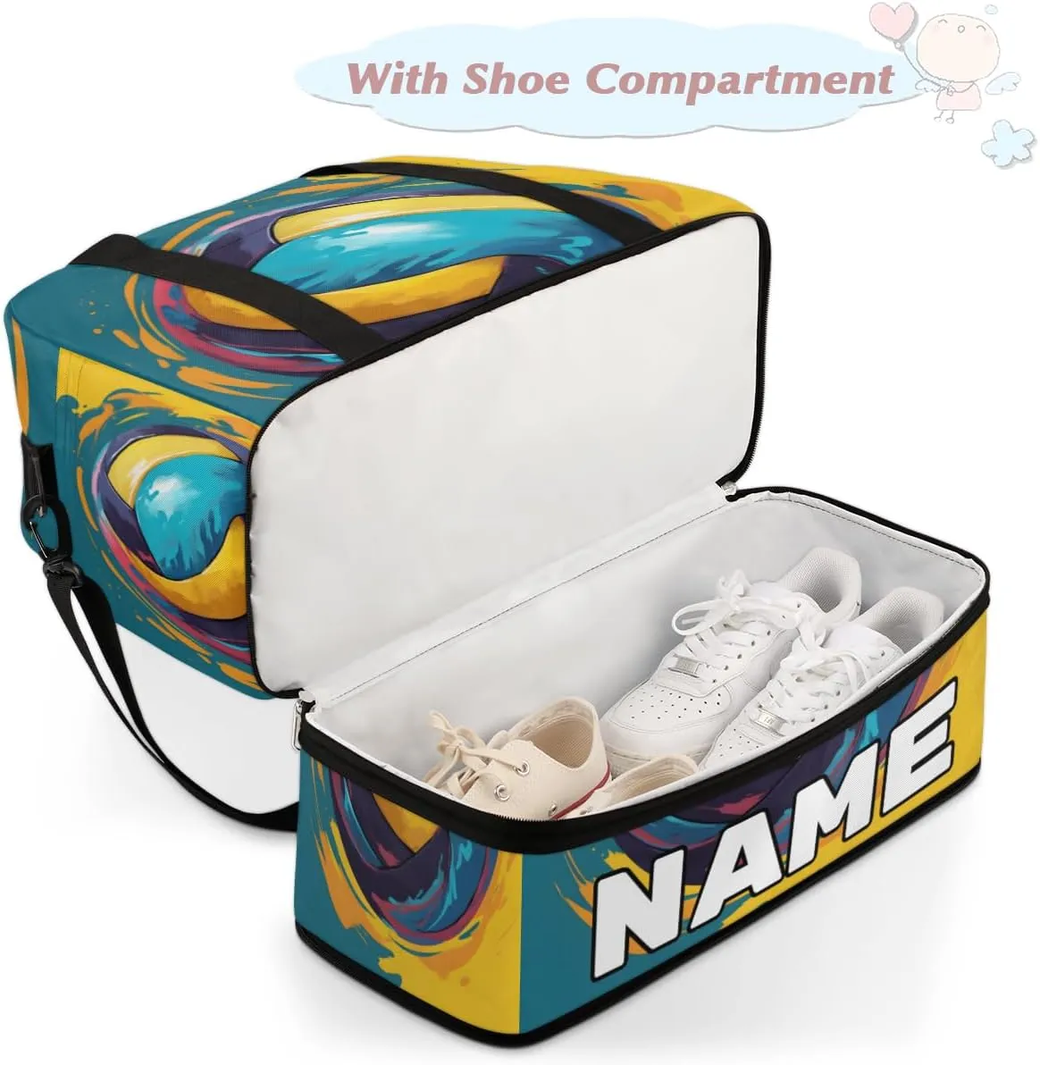 Volleyball Ball Custom Foldable Duffle Bag with Shoes Compartment Personalized Large Capacity Waterproof Travel Weekender Bag Overnight Bag for Sports Gym