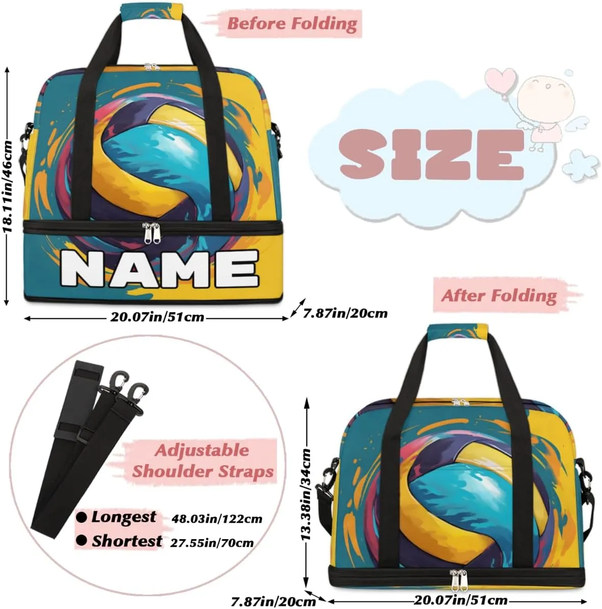 Volleyball Ball Custom Foldable Duffle Bag with Shoes Compartment Personalized Large Capacity Waterproof Travel Weekender Bag Overnight Bag for Sports Gym