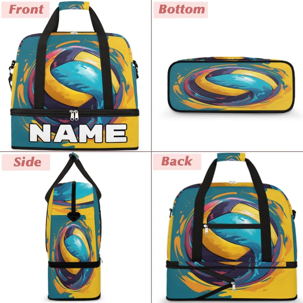 Volleyball Ball Custom Foldable Duffle Bag with Shoes Compartment Personalized Large Capacity Waterproof Travel Weekender Bag Overnight Bag for Sports Gym