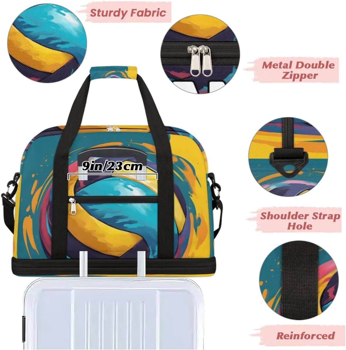 Volleyball Ball Custom Foldable Duffle Bag with Shoes Compartment Personalized Large Capacity Waterproof Travel Weekender Bag Overnight Bag for Sports Gym