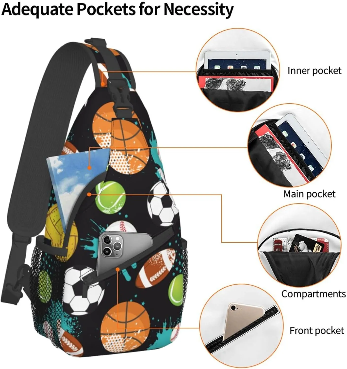 VOOHDDY Sport Ball Fun Sling Bag For Men Women Basketball Soccer Football Baseball Travel Hiking Backpack Crossbody Shoulder Chest Bags Casual Daypack Sport