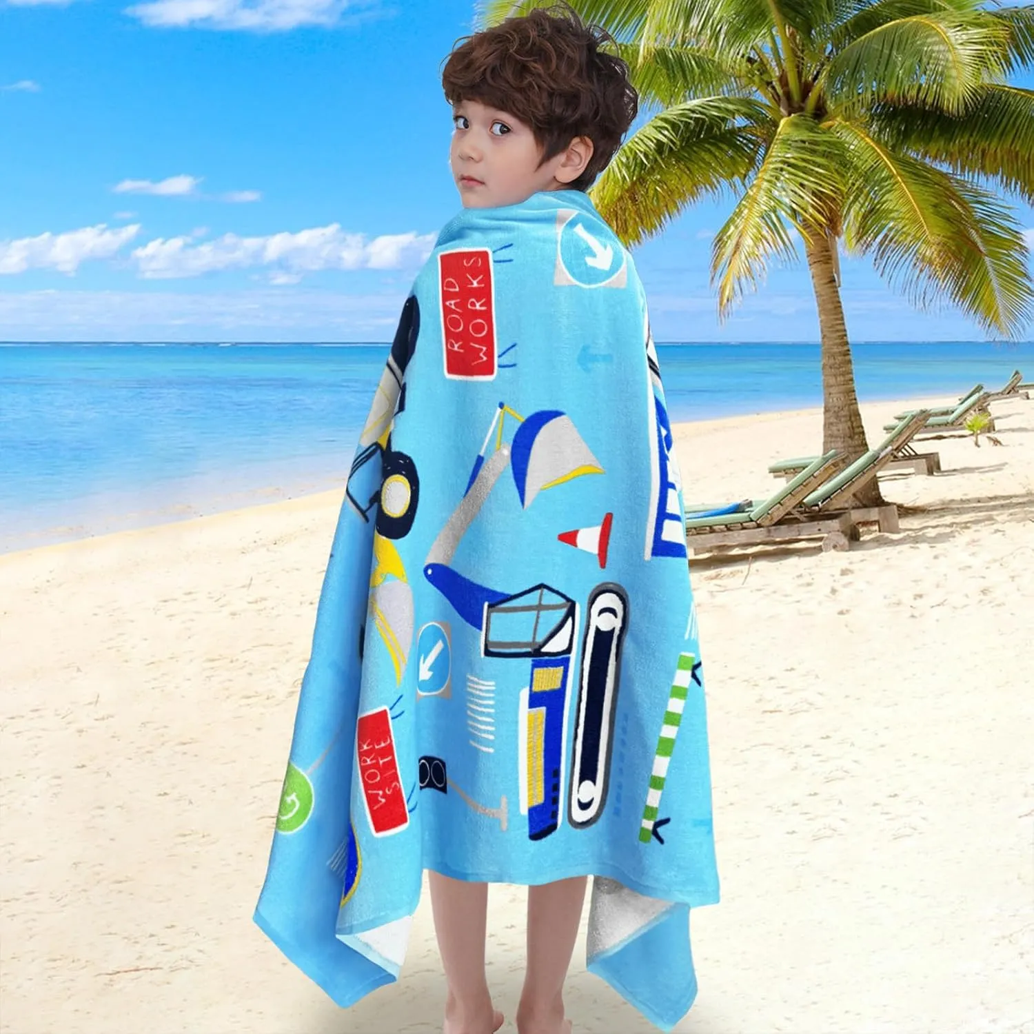 VOOVA & MOVAS Boys Beach Towels, 28"X54", 330GSM, Large Soft Absorbent Cotton Pool Towels for Toddler,Ideal for Swim, Surf, Beach, Bathroom and Camping, Vehicle