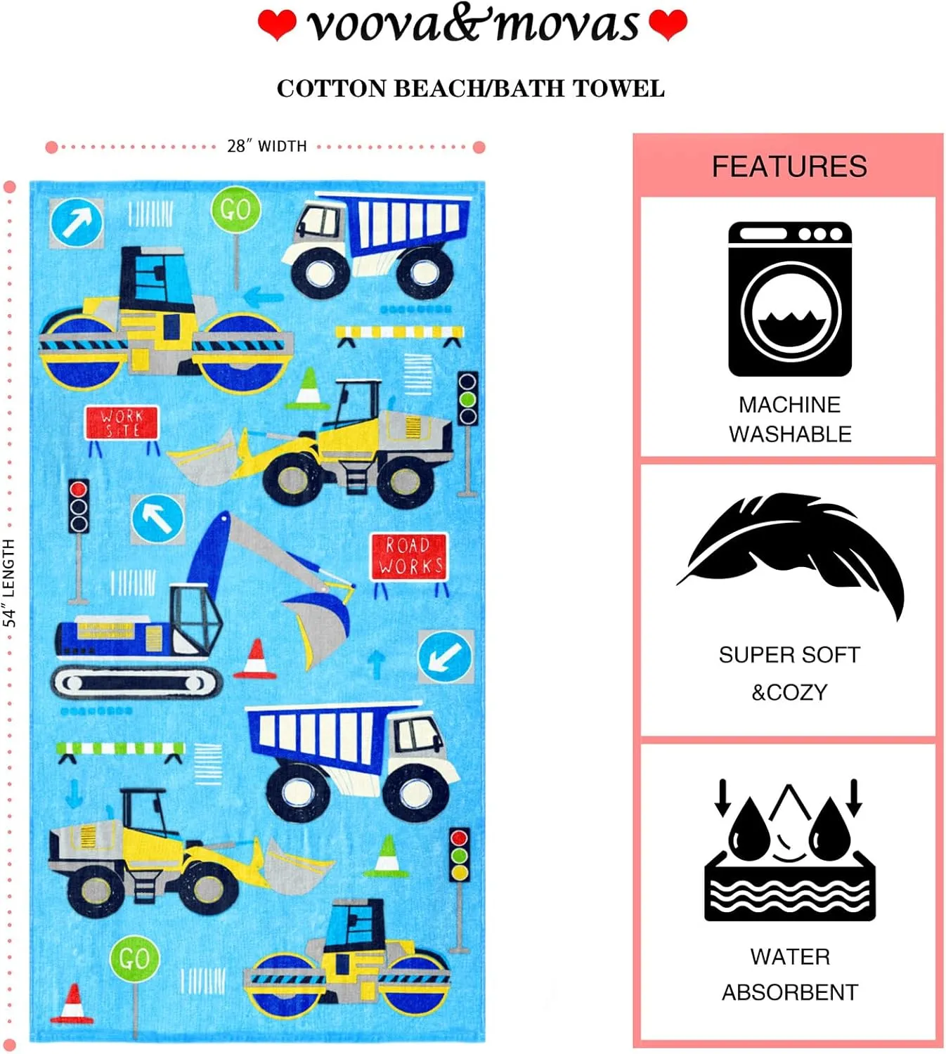 VOOVA & MOVAS Boys Beach Towels, 28"X54", 330GSM, Large Soft Absorbent Cotton Pool Towels for Toddler,Ideal for Swim, Surf, Beach, Bathroom and Camping, Vehicle