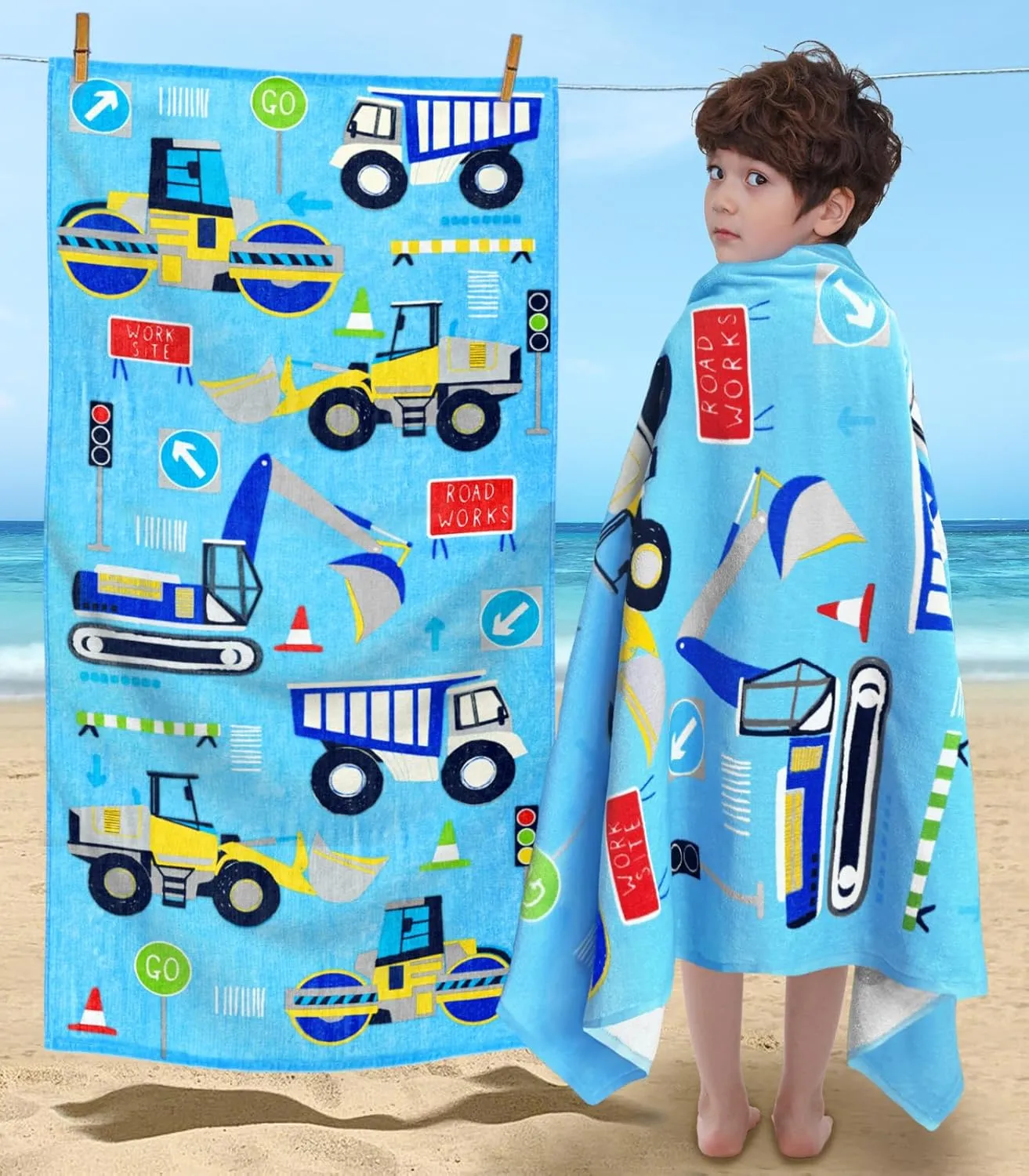 VOOVA & MOVAS Boys Beach Towels, 28"X54", 330GSM, Large Soft Absorbent Cotton Pool Towels for Toddler,Ideal for Swim, Surf, Beach, Bathroom and Camping, Vehicle