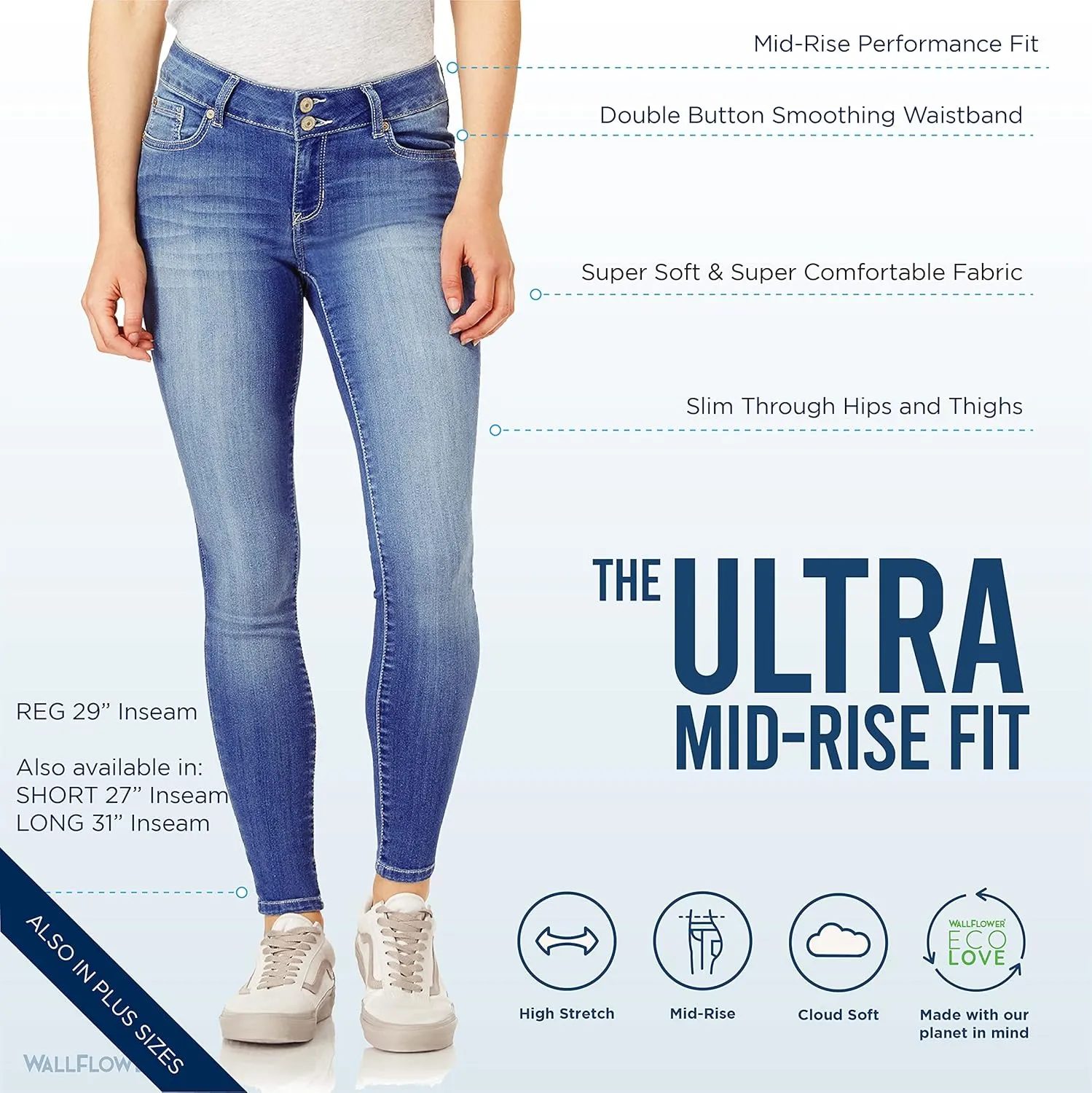 WallFlower Women's Ultra Fit Mid-Rise Insta Soft Denim Juniors Jeans (Also Available in Plus Sizes)