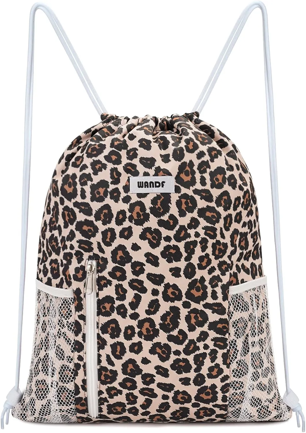 WANDF Drawstring Backpack Sports Gym Sackpack with Mesh Pockets Water Resistant String Bag for Women Men (Pink Leopard)