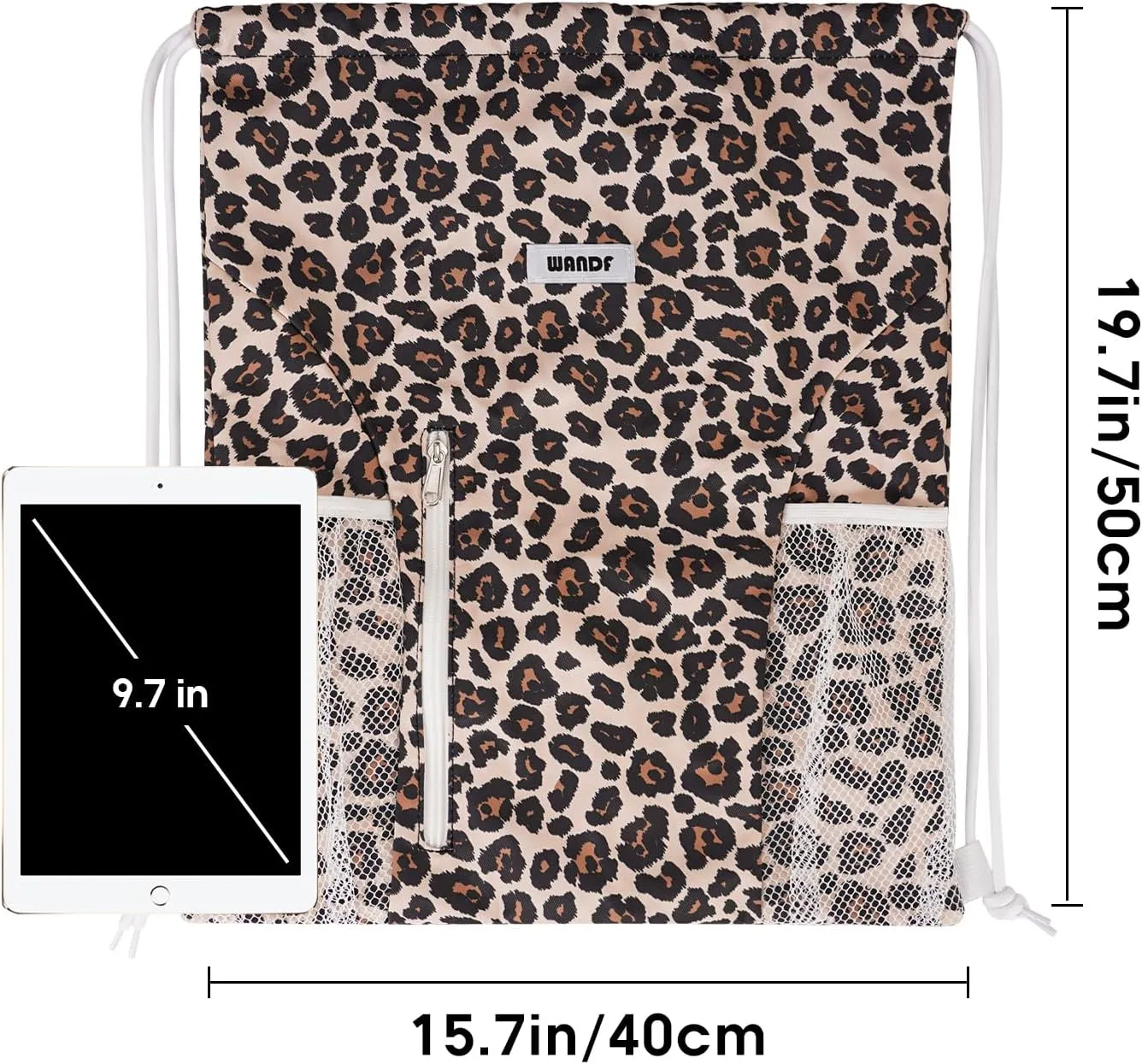 WANDF Drawstring Backpack Sports Gym Sackpack with Mesh Pockets Water Resistant String Bag for Women Men (Pink Leopard)