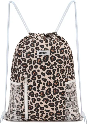 WANDF Drawstring Backpack Sports Gym Sackpack with Mesh Pockets Water Resistant String Bag for Women Men (Pink Leopard)