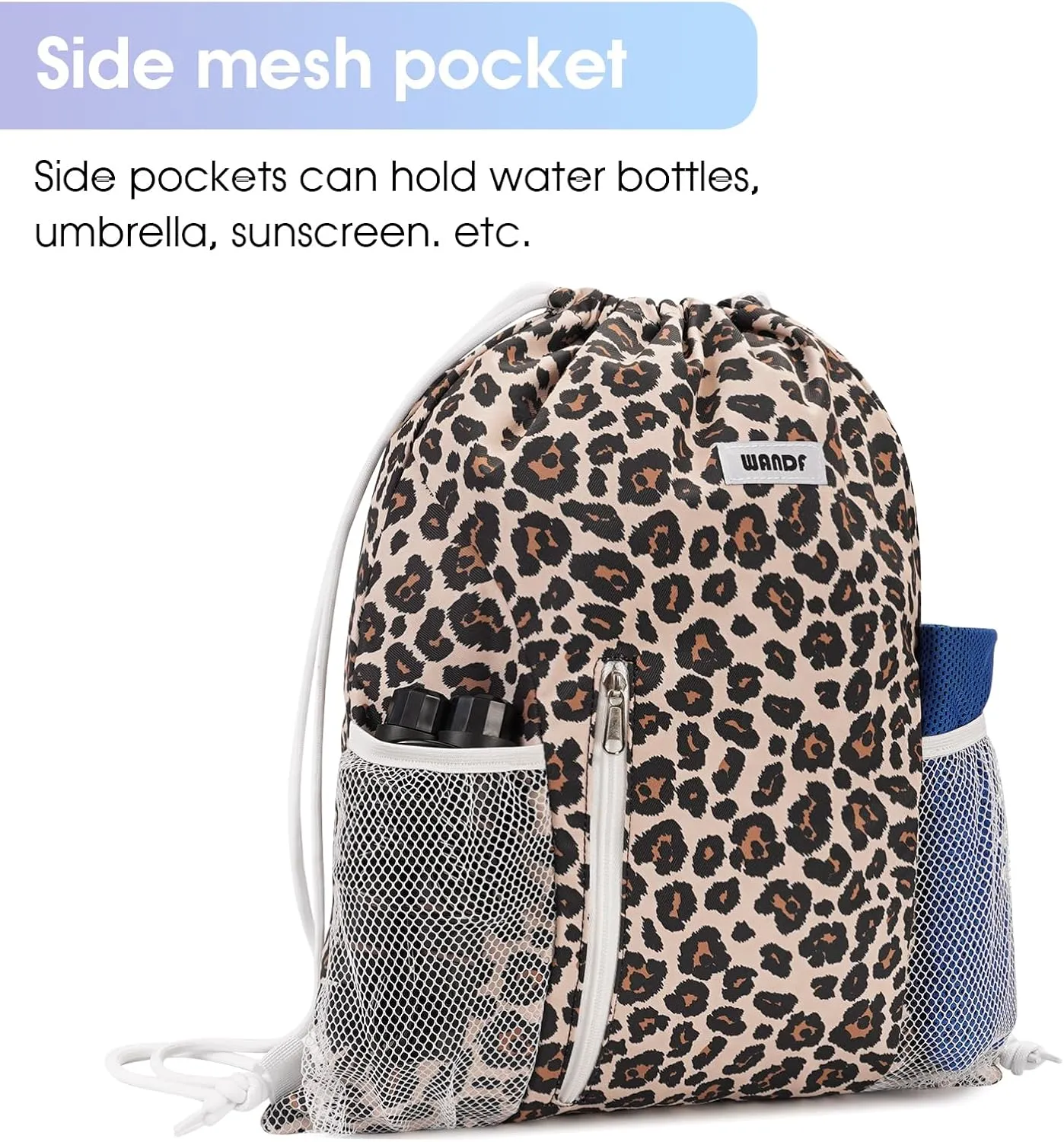WANDF Drawstring Backpack Sports Gym Sackpack with Mesh Pockets Water Resistant String Bag for Women Men (Pink Leopard)