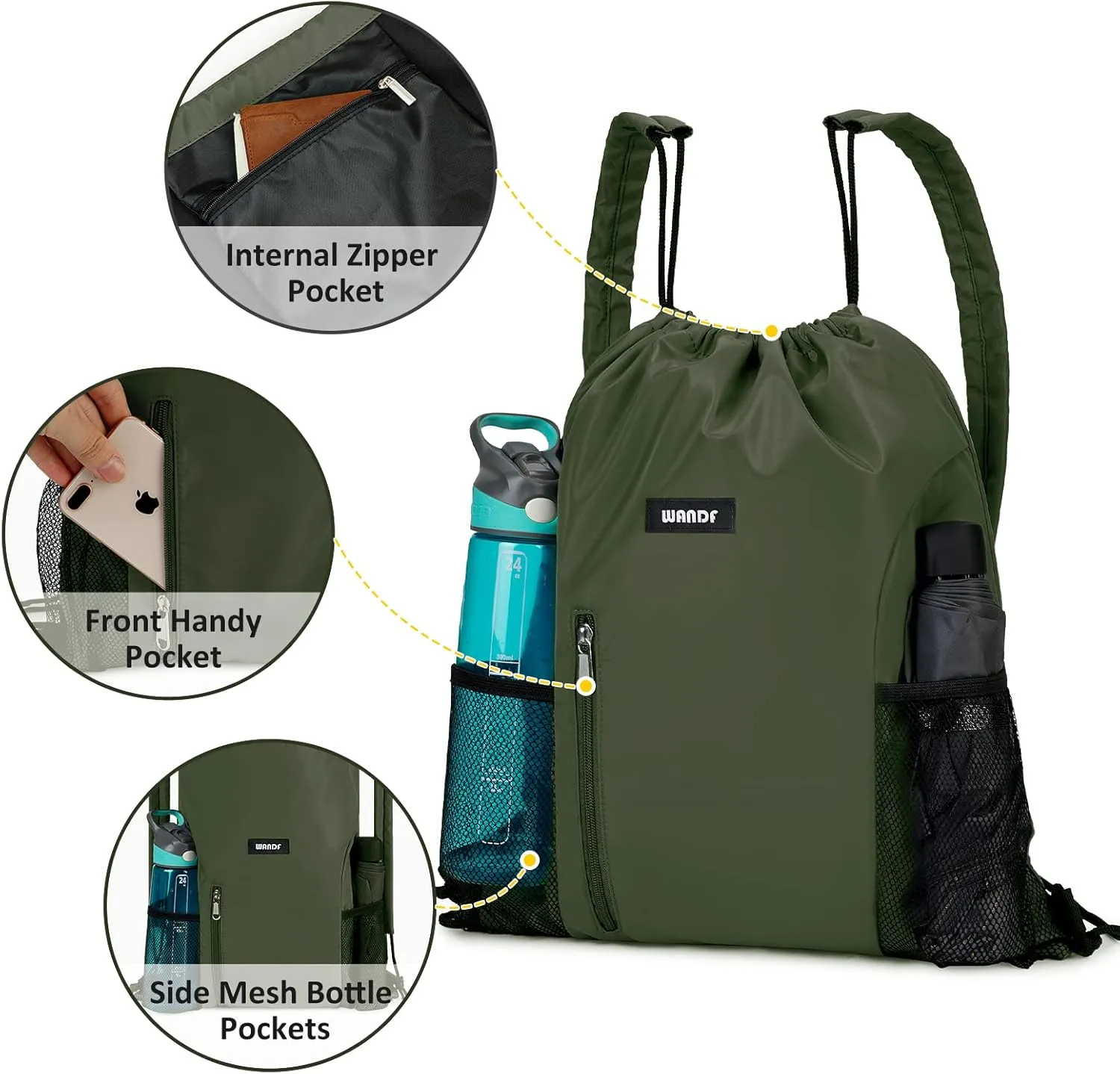 WANDF Drawstring Backpack with Shoulder Pad Sports Gym Backpack with Mesh Pocket String Bag for Women Men(Dark green)