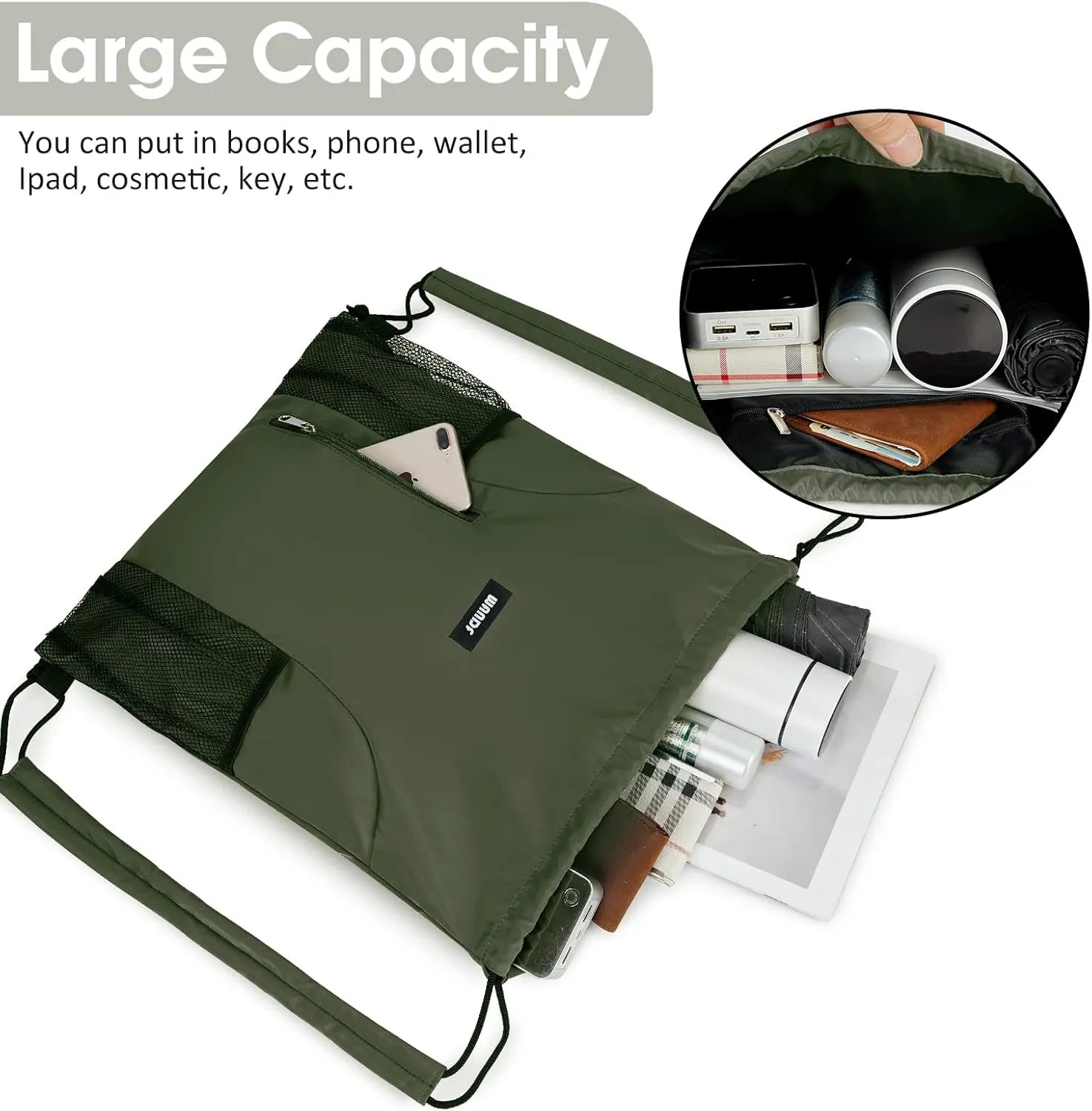 WANDF Drawstring Backpack with Shoulder Pad Sports Gym Backpack with Mesh Pocket String Bag for Women Men(Dark green)