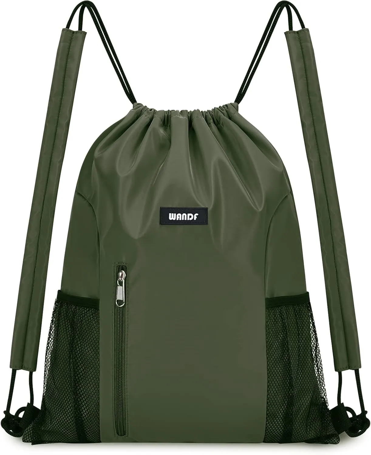 WANDF Drawstring Backpack with Shoulder Pad Sports Gym Backpack with Mesh Pocket String Bag for Women Men(Dark green)
