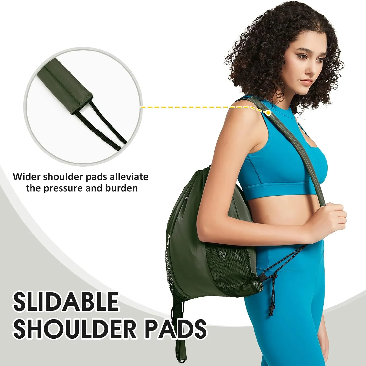 WANDF Drawstring Backpack with Shoulder Pad Sports Gym Backpack with Mesh Pocket String Bag for Women Men(Dark green)