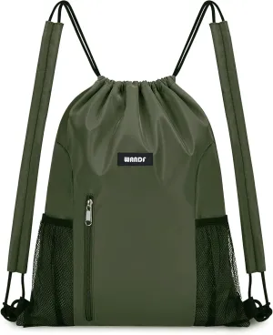 WANDF Drawstring Backpack with Shoulder Pad Sports Gym Backpack with Mesh Pocket String Bag for Women Men(Dark green)