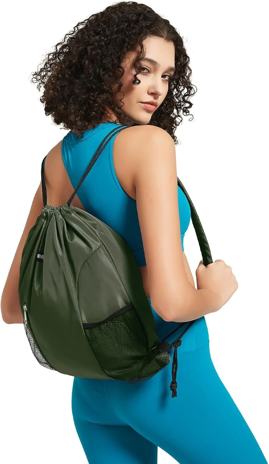 WANDF Drawstring Backpack with Shoulder Pad Sports Gym Backpack with Mesh Pocket String Bag for Women Men(Dark green)