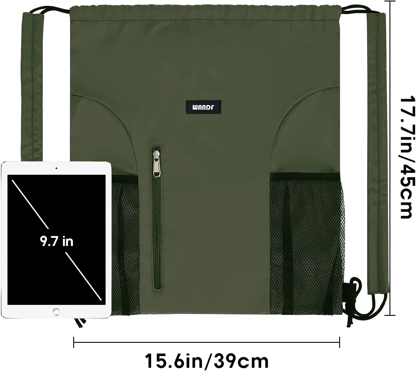 WANDF Drawstring Backpack with Shoulder Pad Sports Gym Backpack with Mesh Pocket String Bag for Women Men(Dark green)