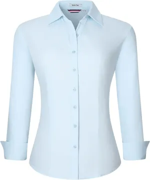 WARHORSEE Womens Button Down Shirt Long Sleeve Work Dress Shirts, V Neck Easy Care Stretchy Business Casual Blouses for Women